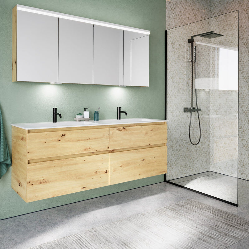 burgbad Lin20 meuble sous-vasque avec double vasque en fonte minérale 162 cm, 4 tiroirs, gauche et droite