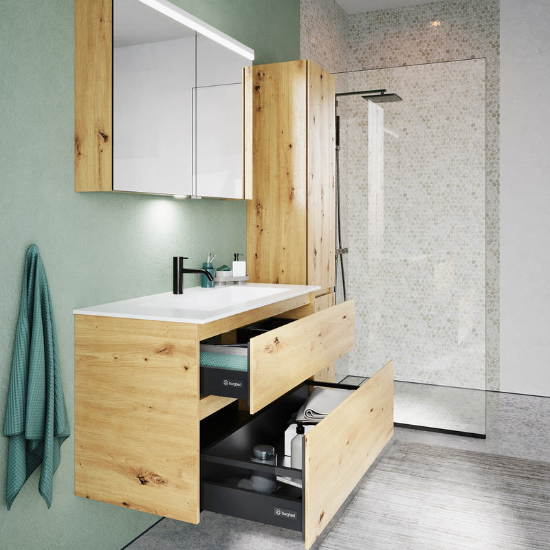 burgbad Meuble sous-vasque Lin20 avec vasque en fonte minérale 102 cm, 2 tiroirs