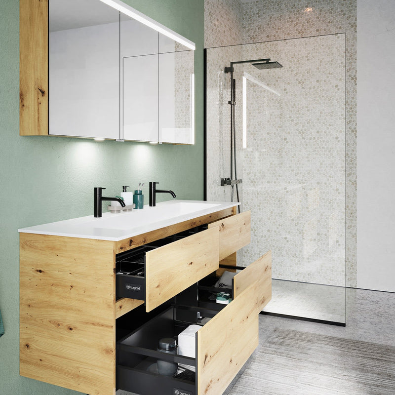 burgbad Meuble sous-vasque Lin20 avec vasque en fonte minérale 142 cm, 4 compartiments coulissants
