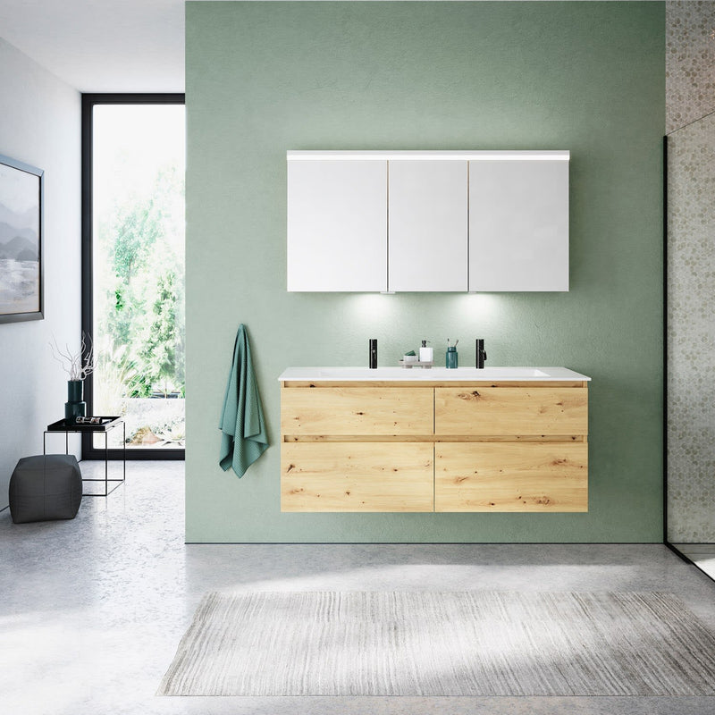 burgbad Meuble sous-vasque Lin20 avec vasque en fonte minérale 142 cm, 4 compartiments coulissants