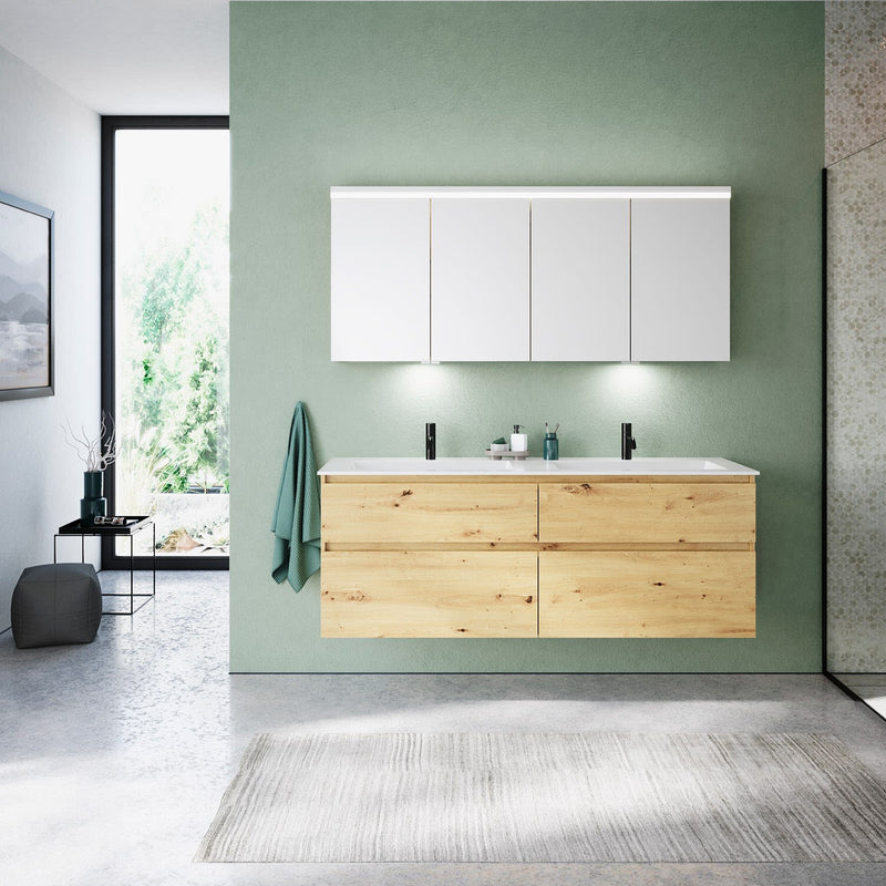 burgbad Lin20 meuble sous-vasque avec double vasque en fonte minérale 162 cm, 4 tiroirs, gauche et droite
