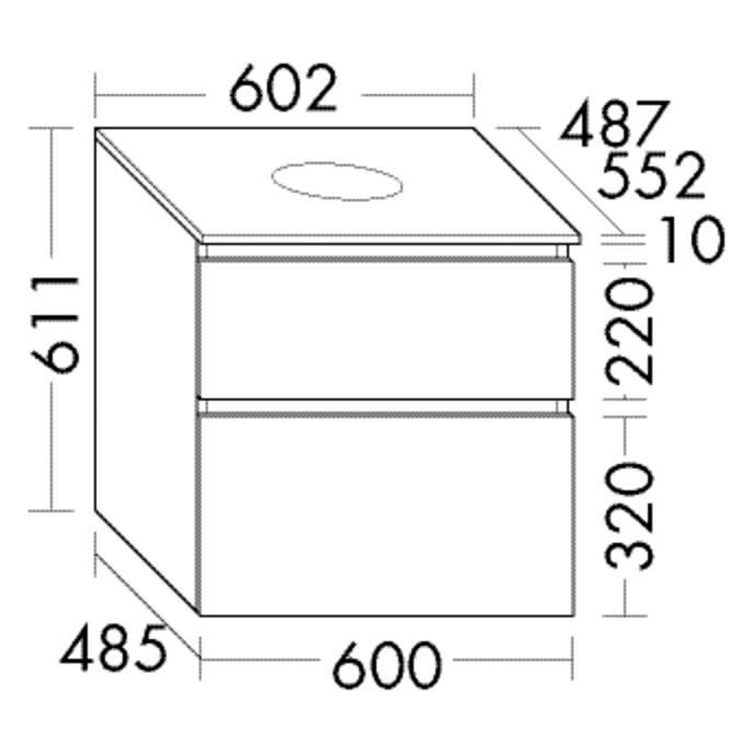burgbad Lin20 meuble sous-vasque avec plaque console 60 cm, 2 tiroirs, découpe vasque au milieu