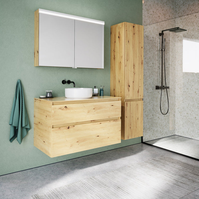 burgbad Lin20 meuble sous-vasque avec plaque console 100 cm, 2 tiroirs, découpe vasque au milieu