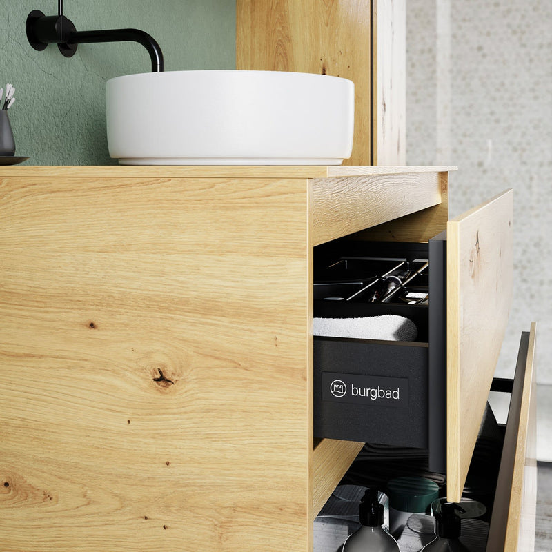 burgbad Lin20 meuble sous-vasque avec plaque console 100 cm, 2 tiroirs, découpe vasque au milieu