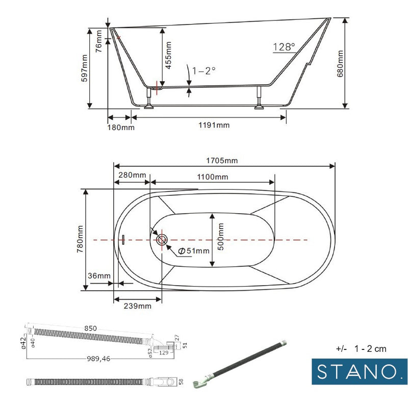 Dimensions - baignoire îlot design ovale ATLANTA blanche - Le monde du bain