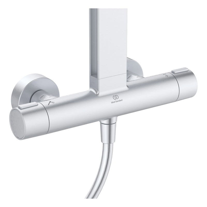 Système de douche Ideal Standard Alu+ avec thermostat de douche Ceratherm, 2 étagères, douchette à main 2 fonctions et douche de tête 2 fonctions