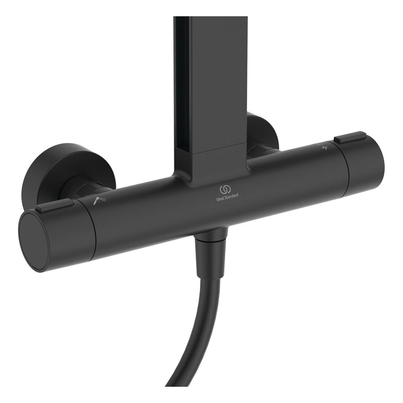 Système de douche Ideal Standard Alu+ avec thermostat de douche Ceratherm, 2 étagères, douchette à main 2 fonctions et douche de tête 2 fonctions