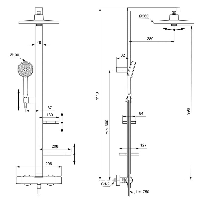 Système de douche Ideal Standard Alu+ avec thermostat de douche Ceratherm, 2 étagères, douchette à main 2 fonctions et douche de tête 2 fonctions