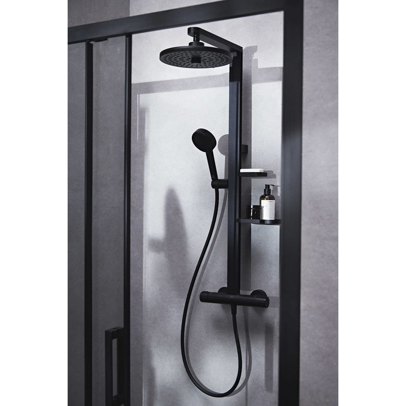 Système de douche Ideal Standard Alu+ avec thermostat de douche Ceratherm, 2 étagères, douchette à main 2 fonctions et douche de tête 2 fonctions