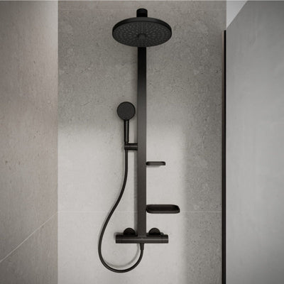 Système de douche Ideal Standard Alu+ avec thermostat de douche Ceratherm, 2 étagères, douchette à main 2 fonctions et douche de tête 2 fonctions