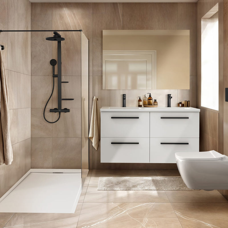 Système de douche Ideal Standard Alu+ avec thermostat de douche Ceratherm, 2 étagères, douchette à main 2 fonctions et douche de tête 2 fonctions