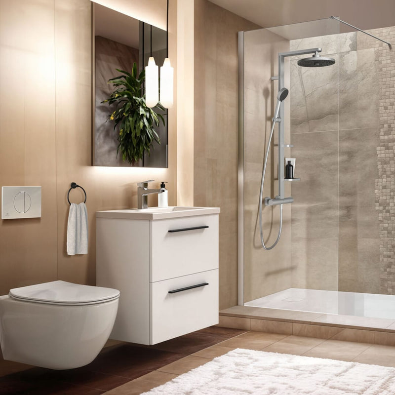 Système de douche Ideal Standard Alu+ avec thermostat de douche Ceratherm, 2 étagères, douchette à main 2 fonctions et douche de tête 2 fonctions