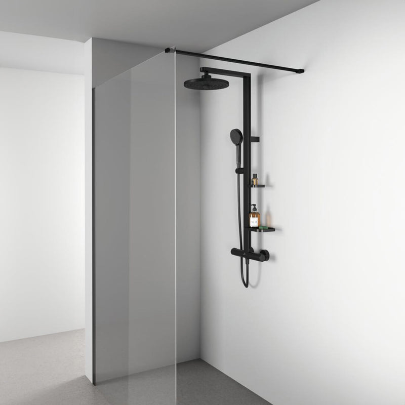 Système de douche Ideal Standard Alu+ avec thermostat de douche Ceratherm, 2 étagères, douchette à main 2 fonctions et douche de tête 2 fonctions