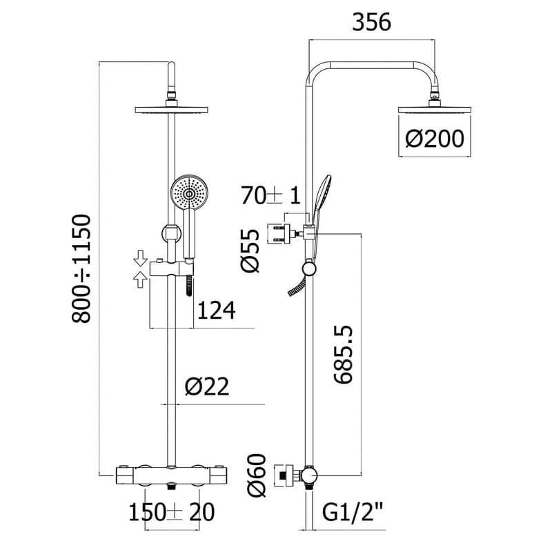 Système de douche apparent KRONENBACH rond avec thermostat et douche de tête Ø 20 cm