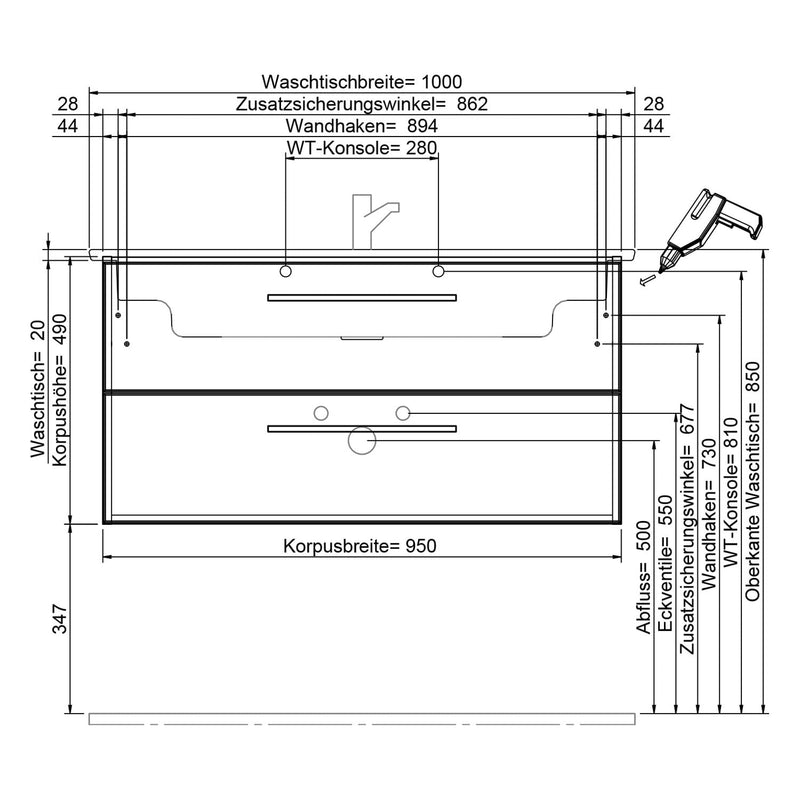 Steinkamp Living 2.0 meuble sous-vasque 95 cm avec meuble sous-vasque Villeroy & Boch Venticello 100 cm CeramicPlus avec trop-plein, vasque à gauche