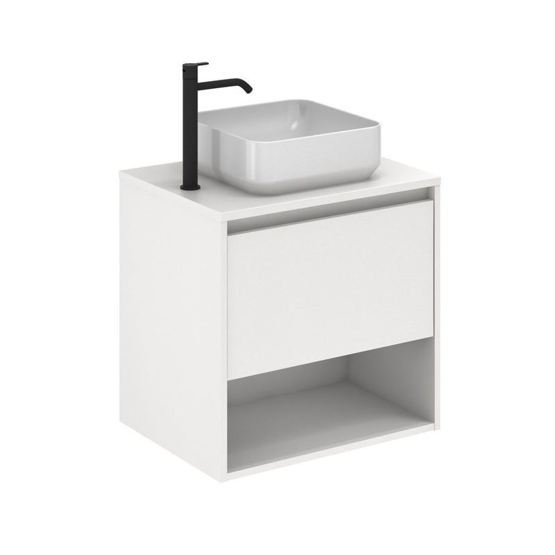 Meuble salle de bain suspendu avec vasque posée NIWA TOP largeur 60 cm avec miroir, blanc brillant - Le Monde du Bain