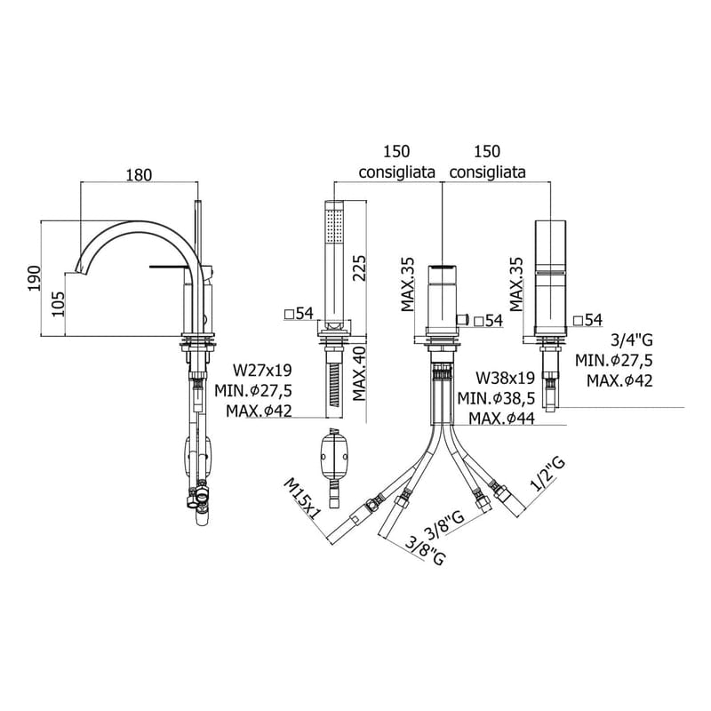 Mitigeur monocommande trois trous sur gorge PIANURA Giulia avec ensemble de douche