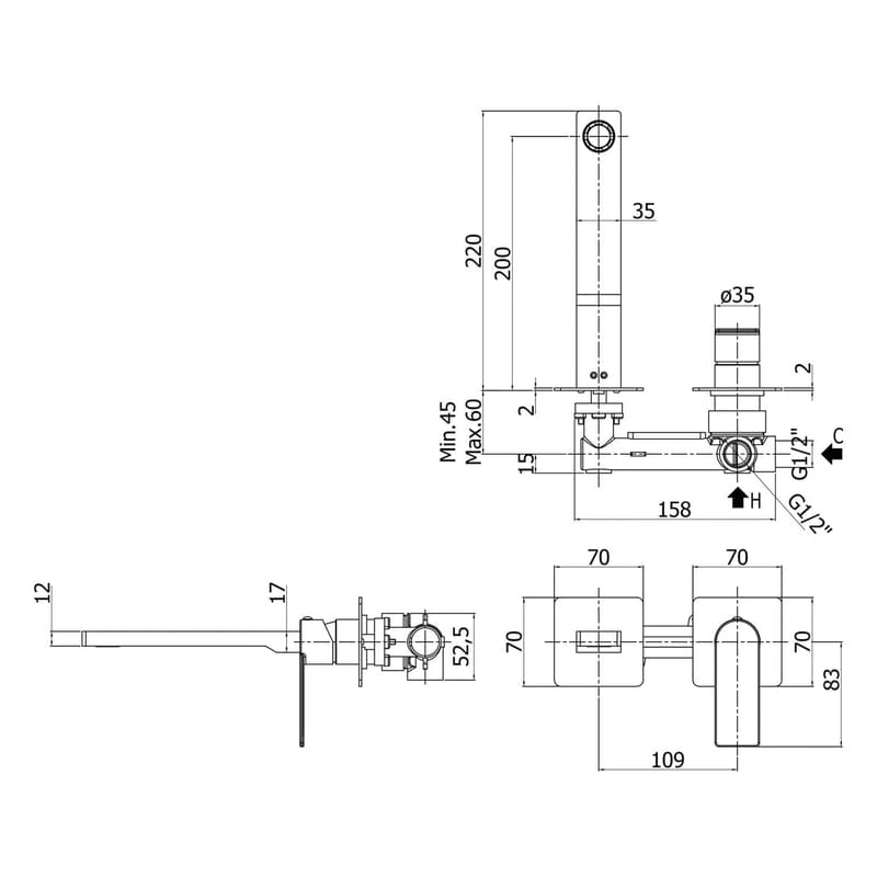 Mitigeur lavabo mural PIANURA Giulia 20 cm avec corps de base, économie d&