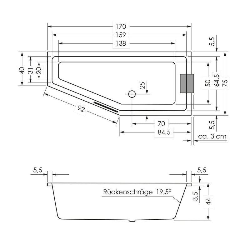 Baignoire gain de place Steinkamp Life 170 x 75 cm, version gauche