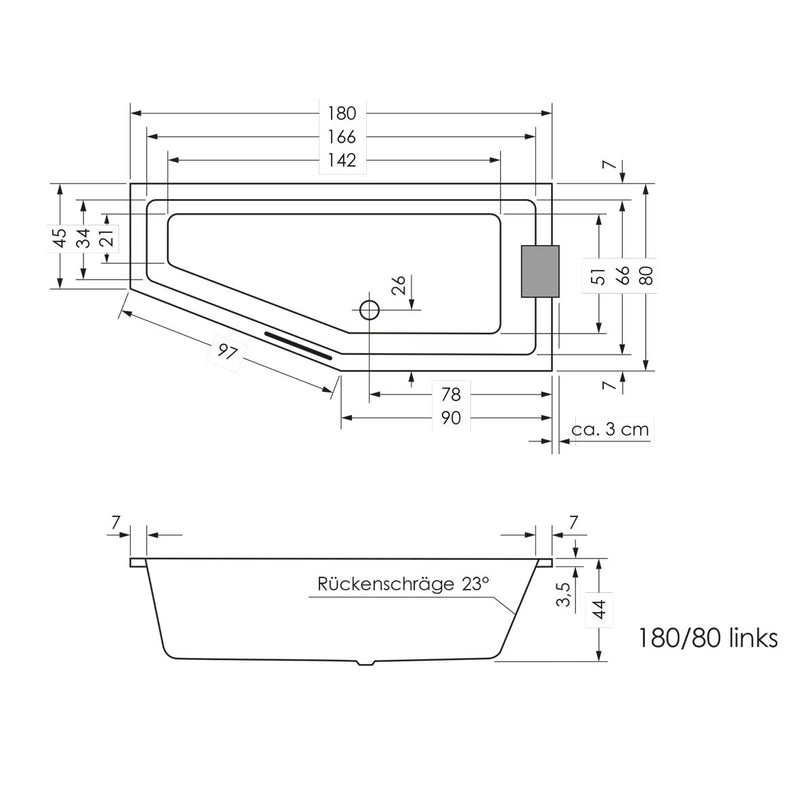 Baignoire gain de place Steinkamp Life 180 x 80 cm, version gauche