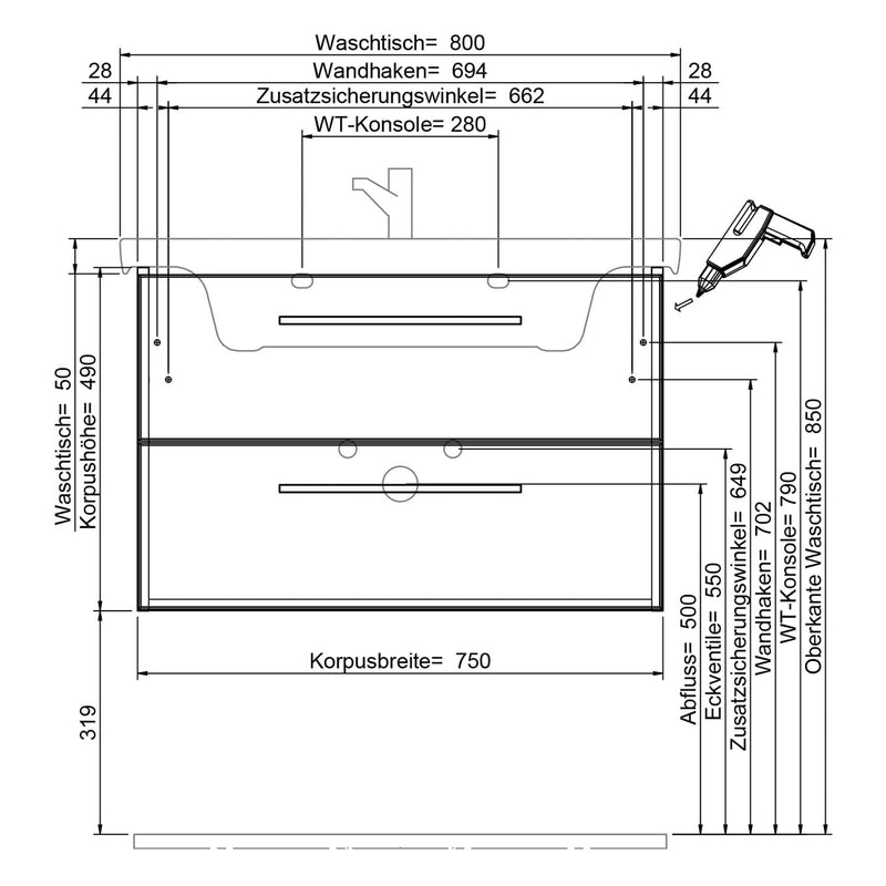 Steinkamp Living 2.0 meuble sous-vasque 75 cm avec Villeroy & Boch Subway 3.0 meuble sous-vasque 80 cm sans trou pour robinetterie, sans trop-plein