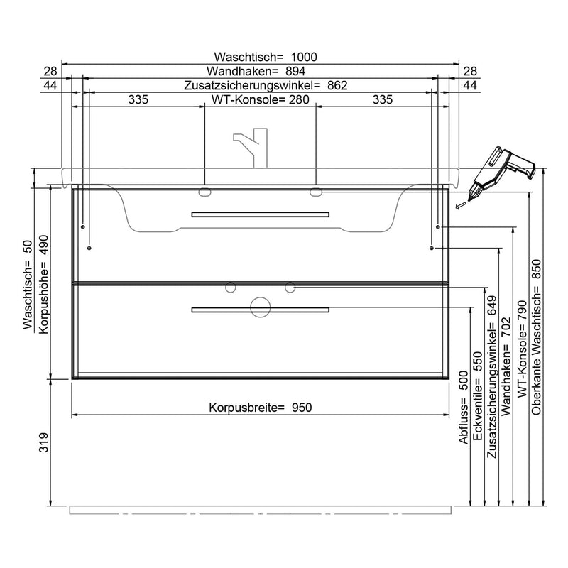 Meuble sous-vasque Steinkamp Living 2.0 95 cm avec meuble sous-vasque Villeroy & Boch Subway 3.0 100 cm sans trop-plein