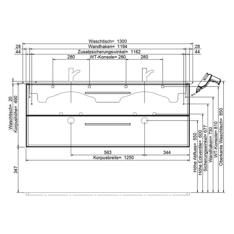 Steinkamp Living 2.0 meuble sous-vasque 125 cm avec meuble sous-vasque double Villeroy & Boch Venticello 130 cm CeramitPlus avec trop-plein