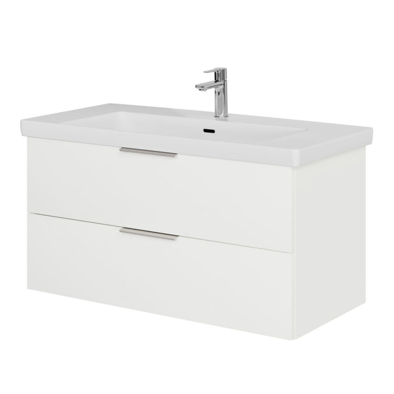 Meuble sous-vasque Steinkamp Living 2.0 95 cm avec meuble sous-vasque Villeroy & Boch Subway 3.0 100 cm avec trop-plein