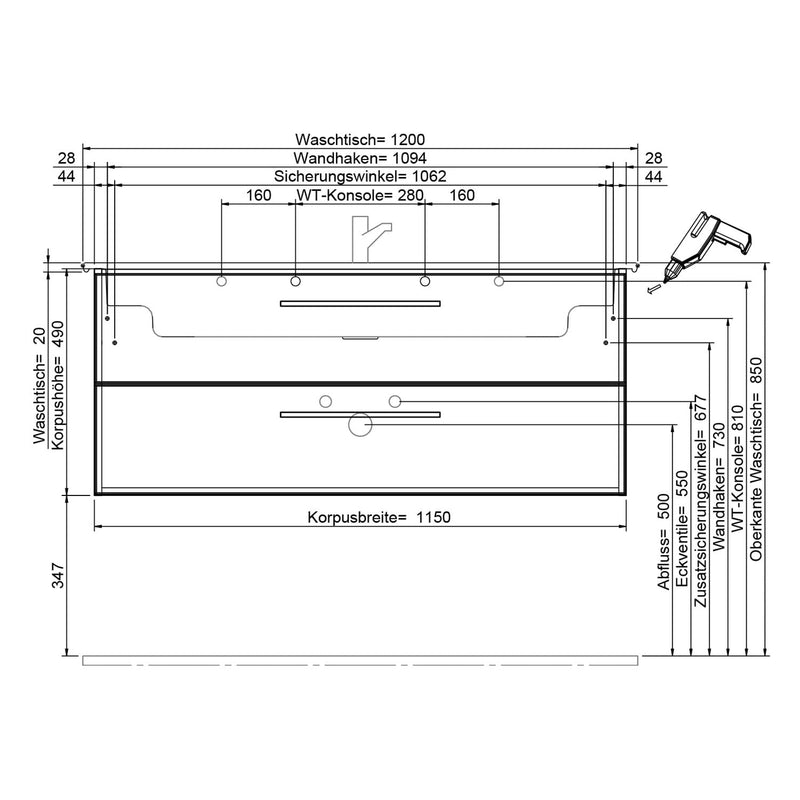 Steinkamp Living 2.0 meuble sous-vasque 115 cm pour meuble sous-vasque Villeroy & Boch Venticello 120 cm