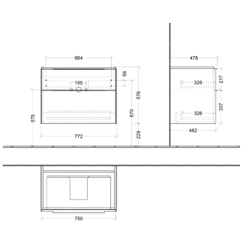 Villeroy & Boch Subway 3.0 meuble sous-vasque 77,2 cm, 2 tiroirs, poignées brillantes, sans éclairage LED