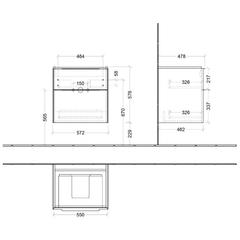 Villeroy & Boch Subway 3.0 meuble sous-vasque 57,2 cm, 2 coulissants, poignées brillantes, sans éclairage LED