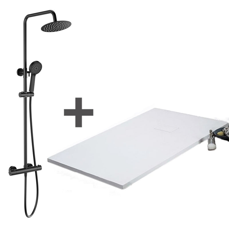 Pack Receveur de douche extra plat blanc + Colonne de douche thermostatique noir mat - Le Monde du Bain