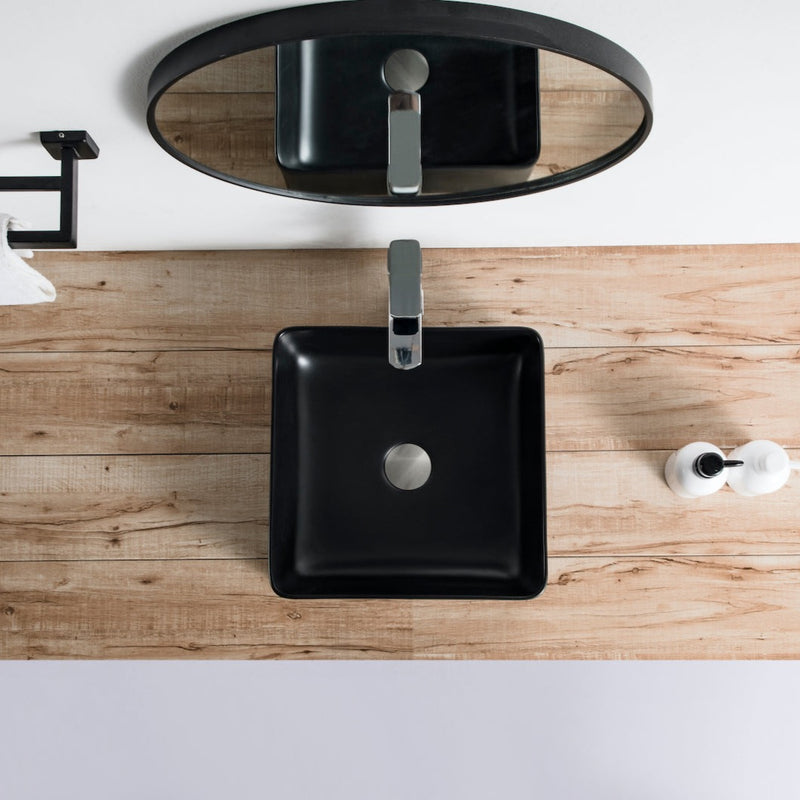 Vue de dessus vasque à poser carrée en céramique RIVA noir mat 36,5 cm