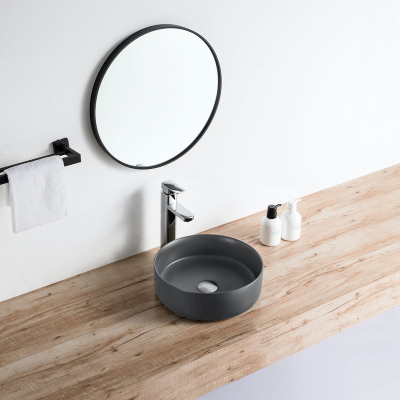 Vue de profil vasque à poser ronde en céramique MENDOZA gris anthracite mat Ø36 cm