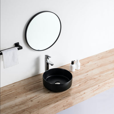Vue de profil vasque à poser ronde en céramique MENDOZA noir mat Ø36 cm