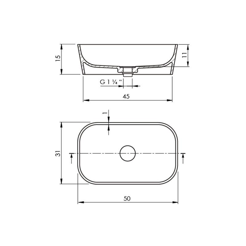 Dimensions - Vasque à poser rectangulaire en solid surface RUST - Le Monde du Bain