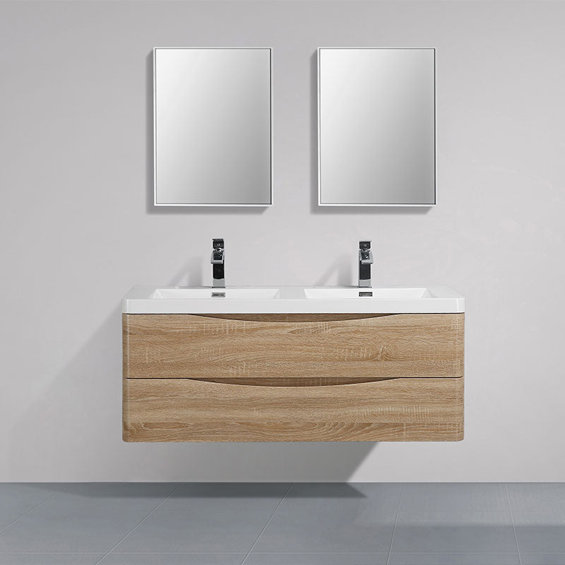 Meuble salle de bain design double vasque PIACENZA largeur 120 cm, chêne clair
