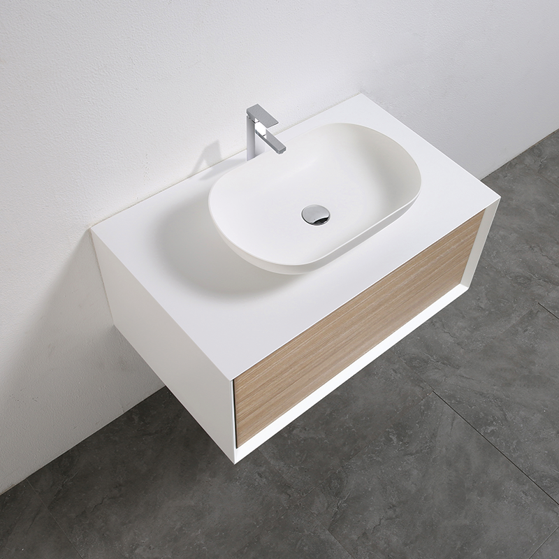 Meuble salle de bain simple vasque PALIO 90 cm, blanc / chêne clair - Le Monde du Bain