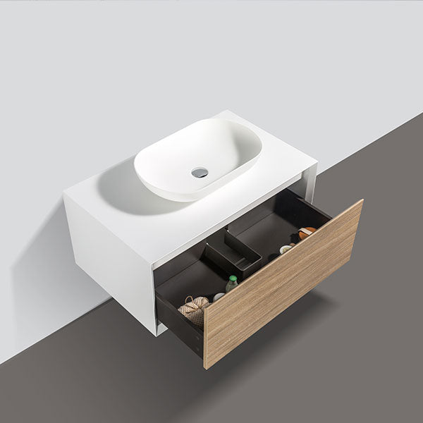 Meuble salle de bain pour vasque à poser PALIO largeur 90 cm, blanc mat / chêne clair texturé