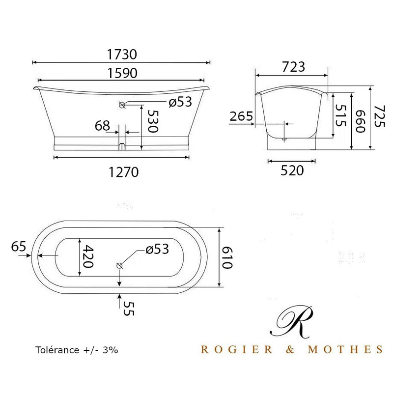 Dimensions Baignoire sur socle en fonte émaillée COVENTRY Blanche - Le Monde du Bain