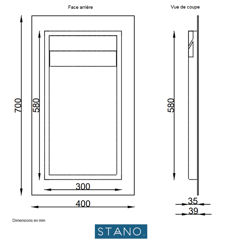 Dessin technique - Miroir rectangulaire sans cadre DORIA largeur 40 cm - Le Monde du Bain