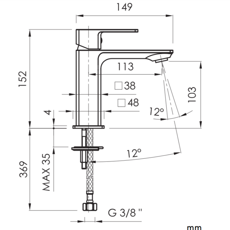 dimensions robinet mitigeur lavabo CUBO dessin technique
