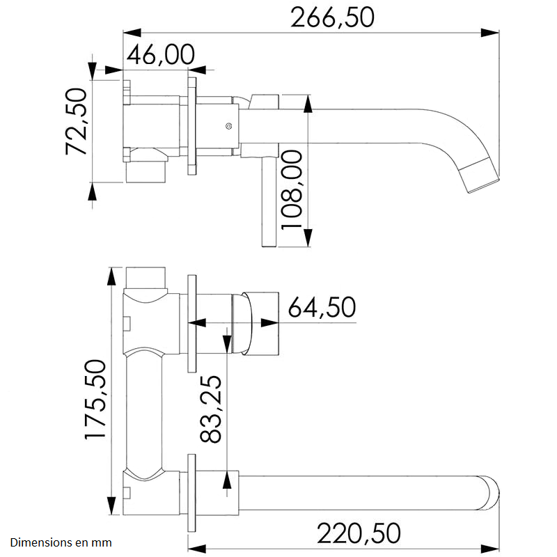 Dimensions mitigeur lavabo mural encastré BRAMPTON or vieilli - Le Monde du Bain