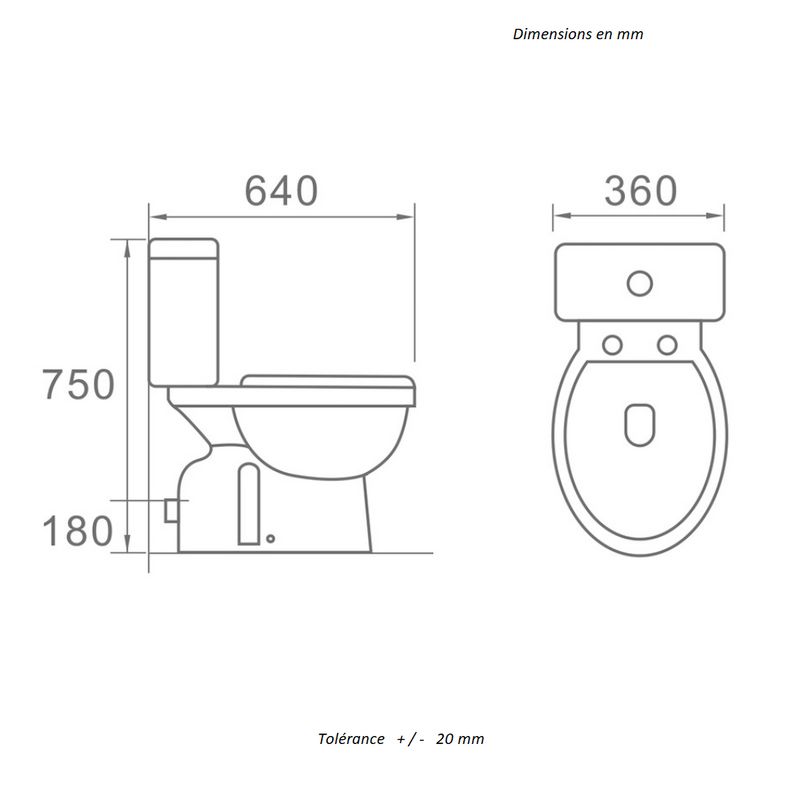Dimensions - Toilette WC à poser OBERA en céramique - Le Monde du Bain