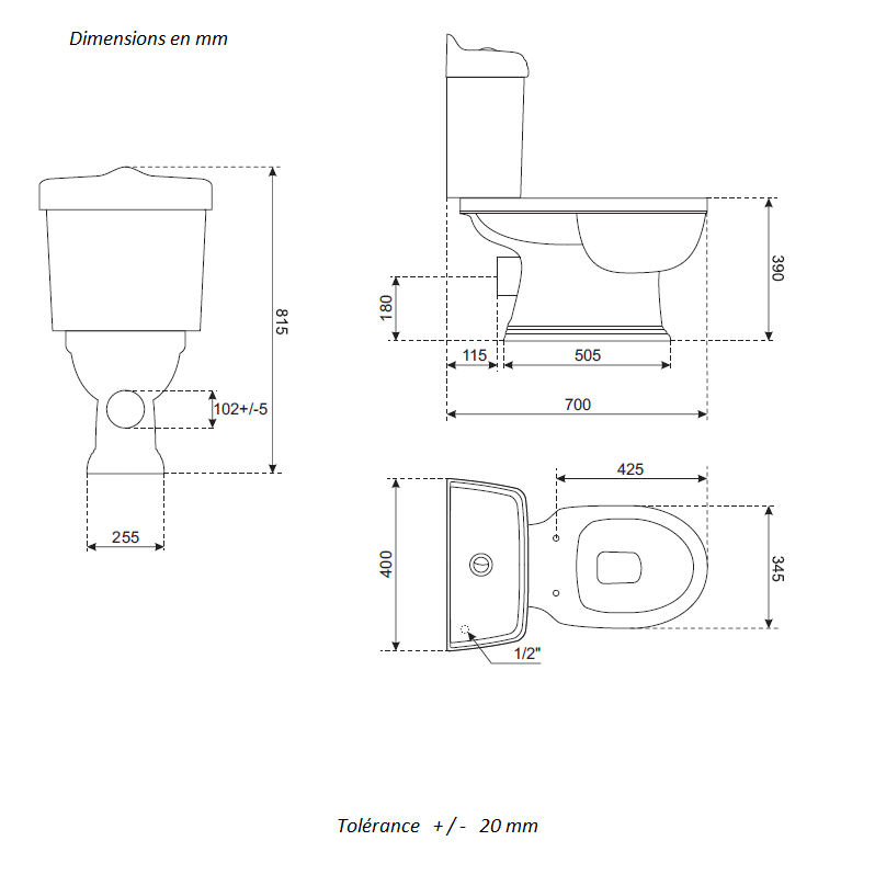 Dimensions - Toilette WC à poser rétro ABERY en céramique - Le Monde du Bain