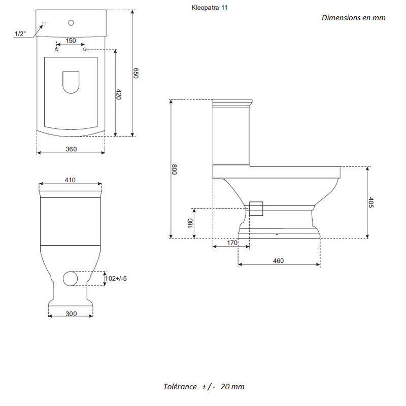 Dimensions - Toilette WC à poser rétro DERBY en céramique - Le Monde du Bain