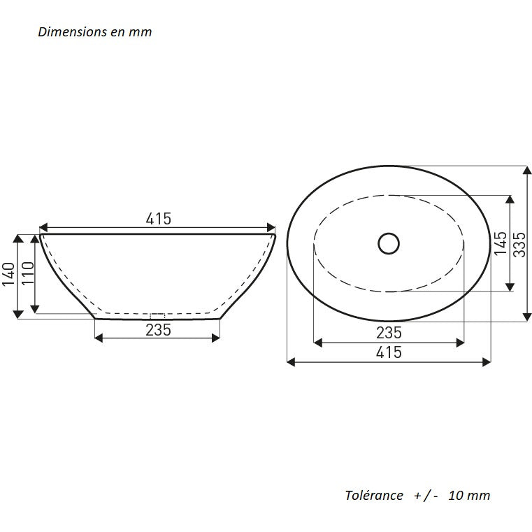 Dimensions - Vasque à poser ovale en céramique FORMOZA - Le Monde du Bain