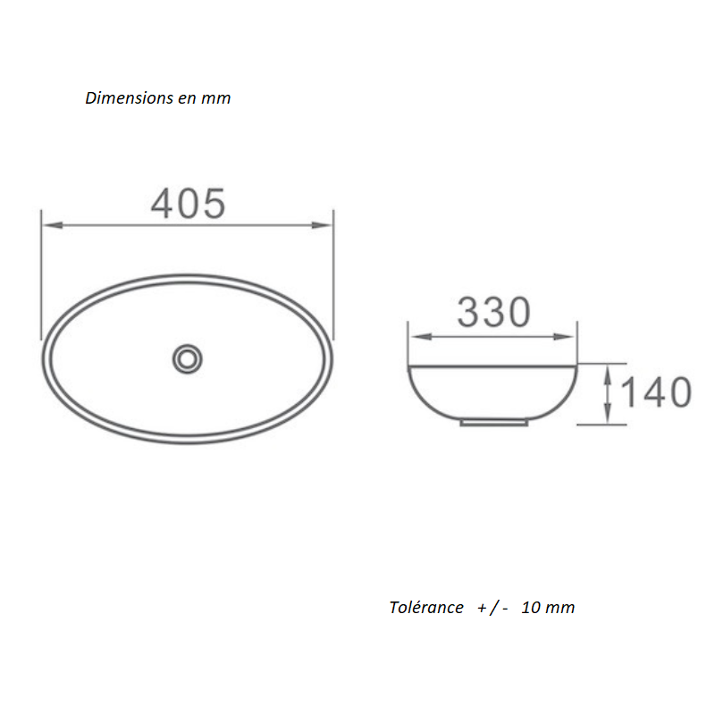 Dimensions - Vasque à poser ovale en céramique POSADAS 40,5 x 33 cm - Le Monde du Bain
