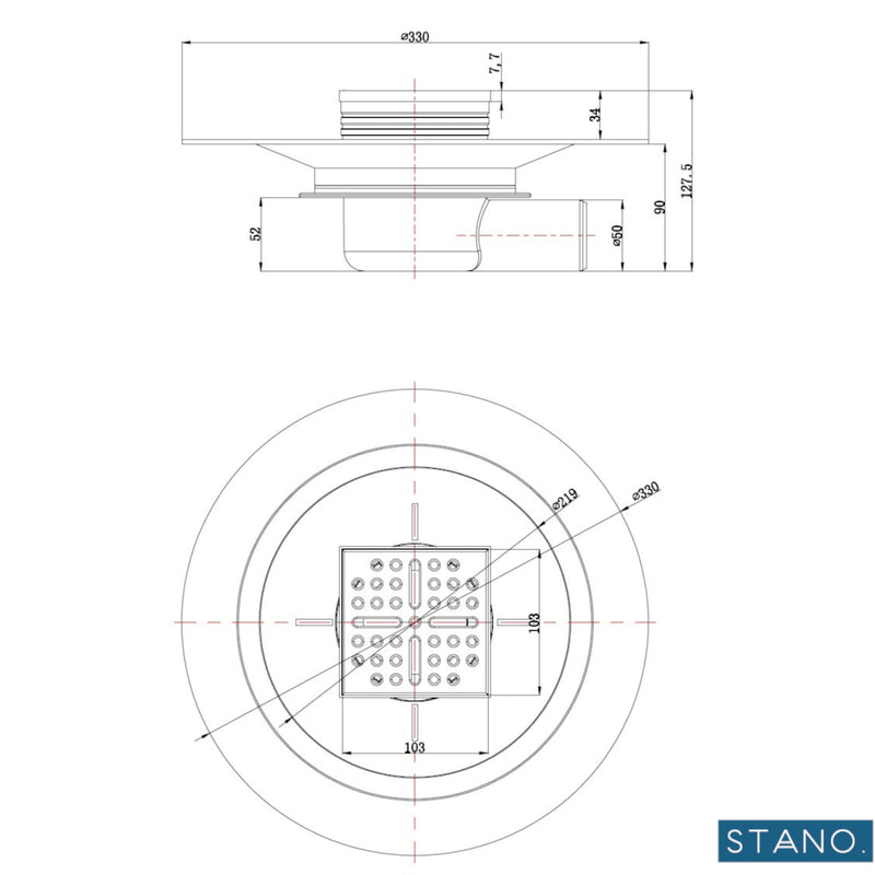 Dimensions bonde horizontale pour receveurs à carreler Ø90 avec grille en acier inoxydable