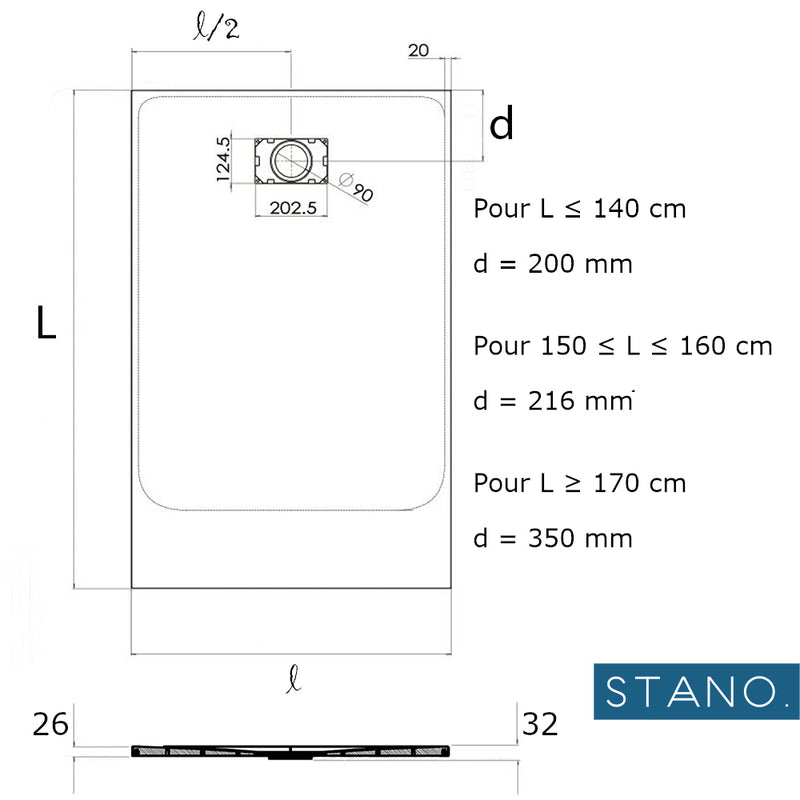 Dimensions - Receveur de douche extra plat PIATTO en SoliCast - Le Monde du Bain